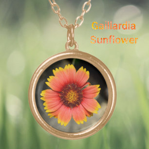 Floral Bright Gaillardia Sunflower Blossom Gold Plated Necklace