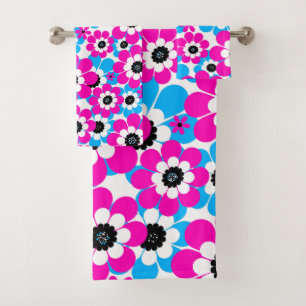 Floral bright neon pattern bright crimson and blue bath towel set