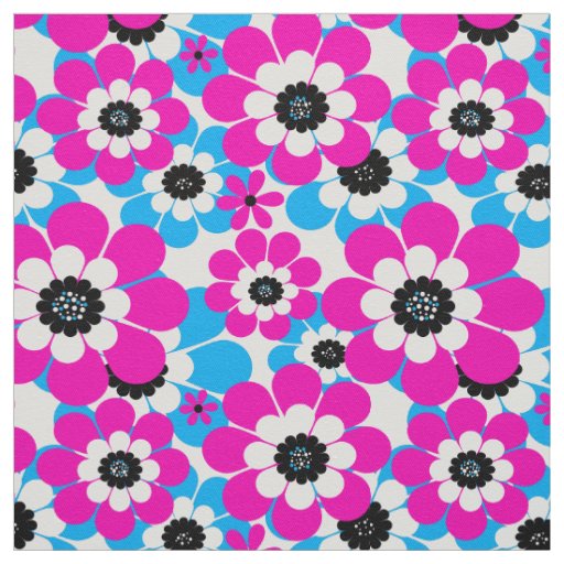 Floral bright neon pattern bright crimson and blue fabric