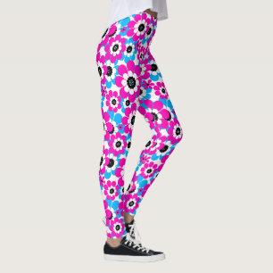 Floral bright neon pattern bright crimson and blue leggings