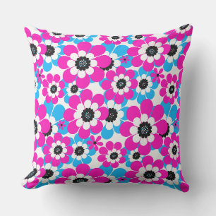 Floral bright neon pattern bright crimson and blue outdoor pillow