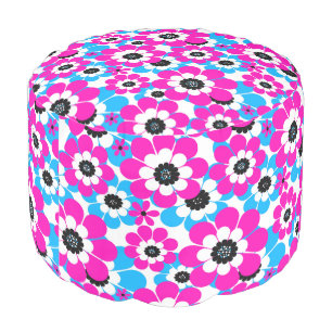 Floral bright neon pattern bright crimson and blue pouf