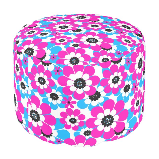 Floral bright neon pattern bright crimson and blue pouf (Angled Back)