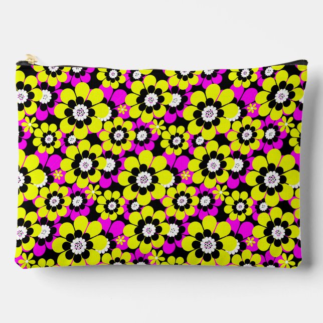 Floral bright neon pattern crimson and yellow flow accessory pouch (Front)