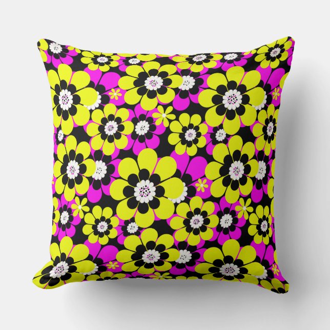 Floral bright neon pattern crimson and yellow flow throw pillow (Front)