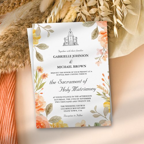 Floral Bright Orange Church Nuptial Mass Wedding Invitation