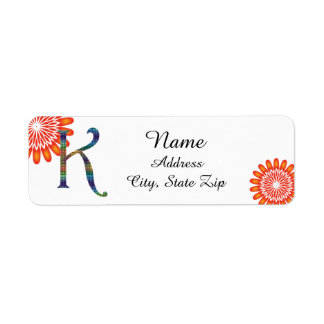 Floral Bright Orange Letter K Mosaic Monogram Label