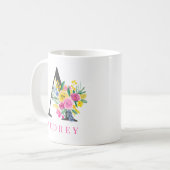 Floral bright pink watercolor monogram name coffee mug (Front Left)