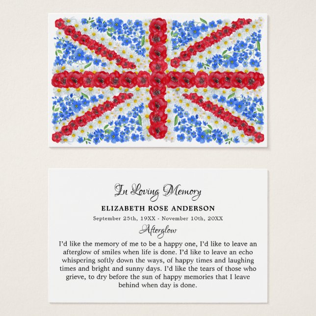 Floral British Flag Memorial Funeral Prayer Card (Front & Back)
