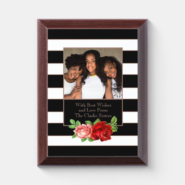Floral Bronze Black & White Stripe - Custom Photo Award Plaque (Vertical)