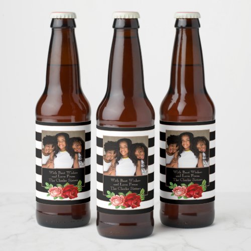 Floral Bronze Black  White Stripe _ Custom Photo Beer Bottle Label