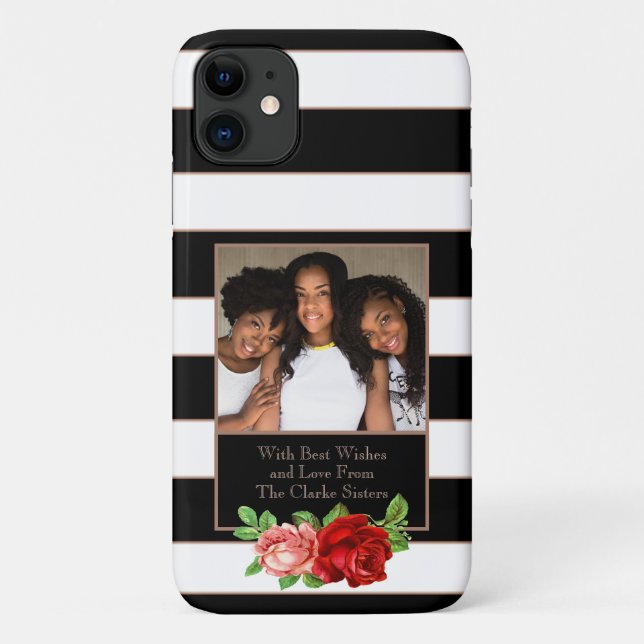 Floral Bronze Black & White Stripe - Custom Photo Case-Mate iPhone Case (Back)