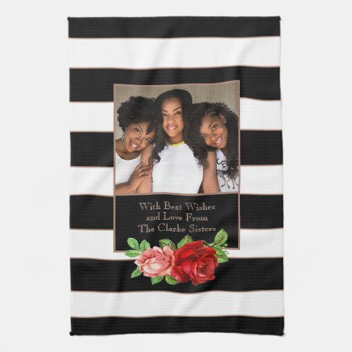 Floral Bronze Black  White Stripe _ Custom Photo Kitchen Towel