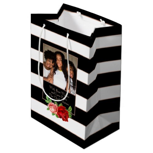 Floral Bronze Black  White Stripe _ Custom Photo Medium Gift Bag