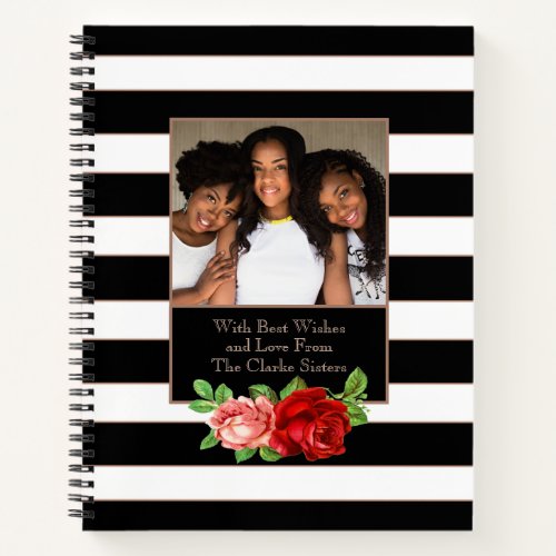 Floral Bronze Black  White Stripe _ Custom Photo Notebook