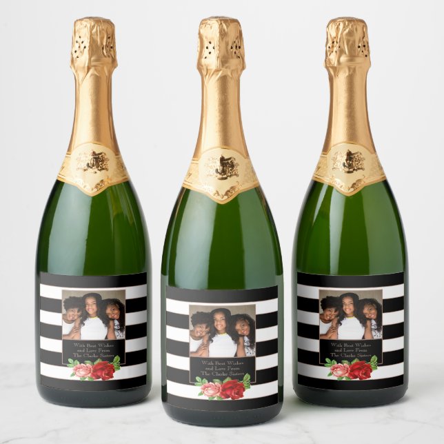Floral Bronze Black & White Stripe - Custom Photo Sparkling Wine Label (Bottles)
