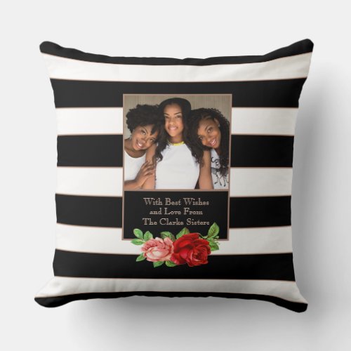 Floral Bronze Black  White Stripe _ Custom Photo Throw Pillow