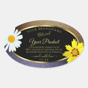 Floral Brown and Blue Glitter Black Product Labels