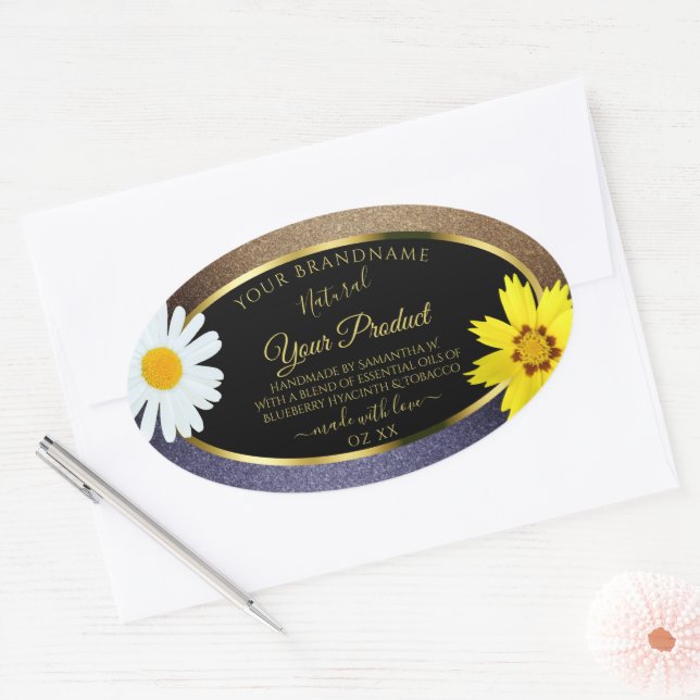 Floral Brown and Blue Glitter Black Product Labels (Envelope)