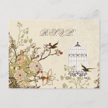 floral brown bird cage, love birds RSVP Invitation Postcard