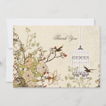 Floral brown bird cage, love birds Thank You Invitation