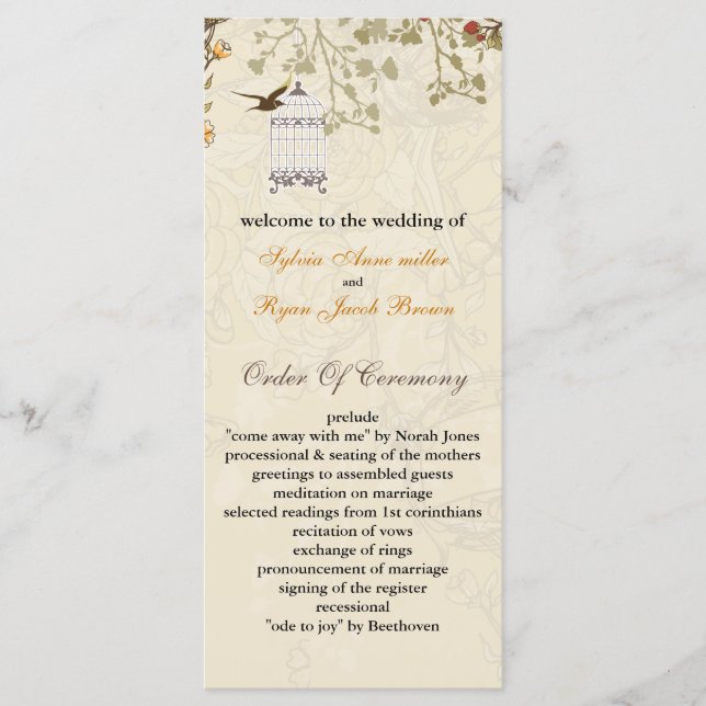 floral brown birds cage, birds wedding programs (Front)