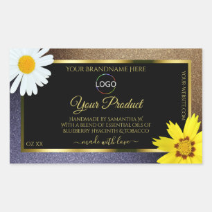 Floral Brown Blue Glitter Black Product Label Logo