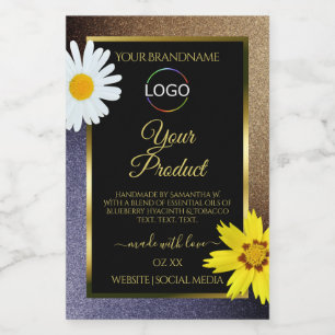 Floral Brown Blue Glitter Black Product Label Logo