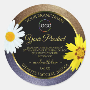 Floral Brown Blue Glitter Black Product Label Logo