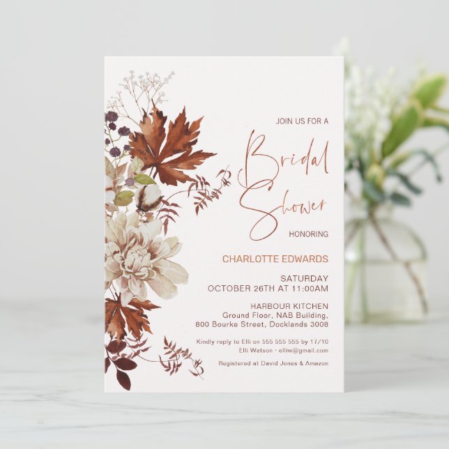 Floral Brown Cream Fall in Love Bridal Shower Invitation (Standing Front)