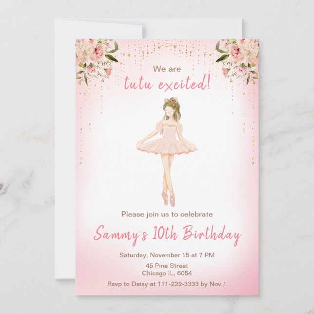 Floral Brown Hair Ballerina Birthday Invitation (Front)
