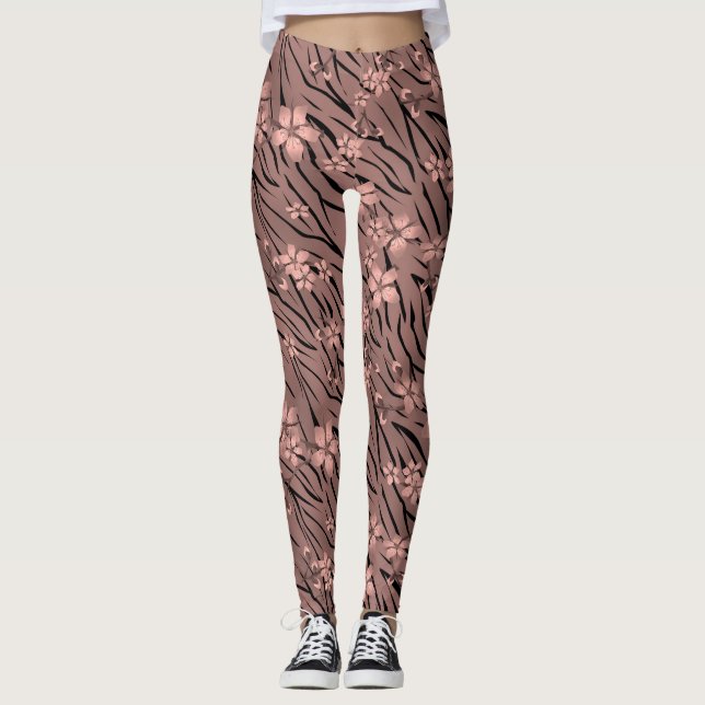 Floral, brown, tiger pattern leggings (Front)
