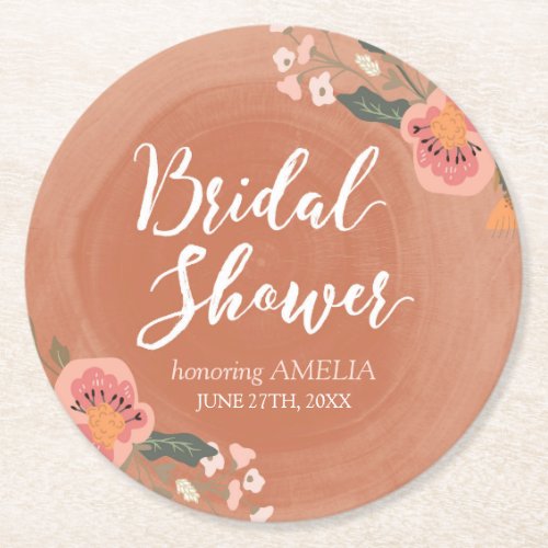 Floral Brown Wood Rustic Bridal Shower Round Round Paper Coaster