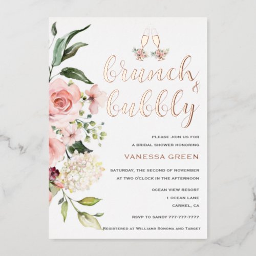 Floral Brunch and Bubbly Bridal Shower Rose Gold Foil Invitation