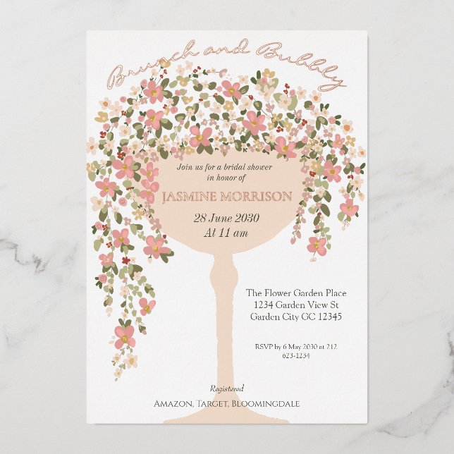 Floral Brunch and Bubbly Champagne Bridal Shower Foil Invitation (Front)