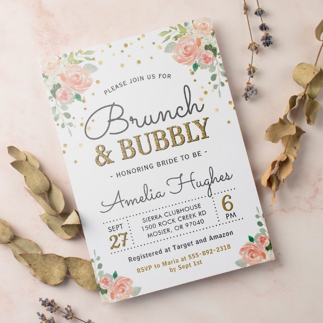 Floral Brunch and Bubbly Peony Gold Bridal Shower Invitation
