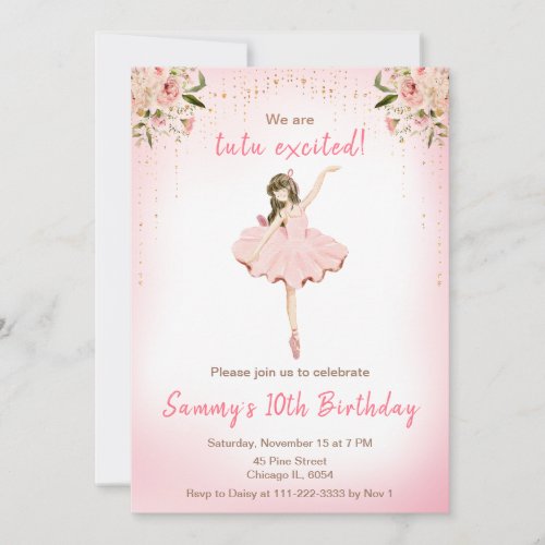 Floral Brunette Hair Ballerina Birthday Invitation