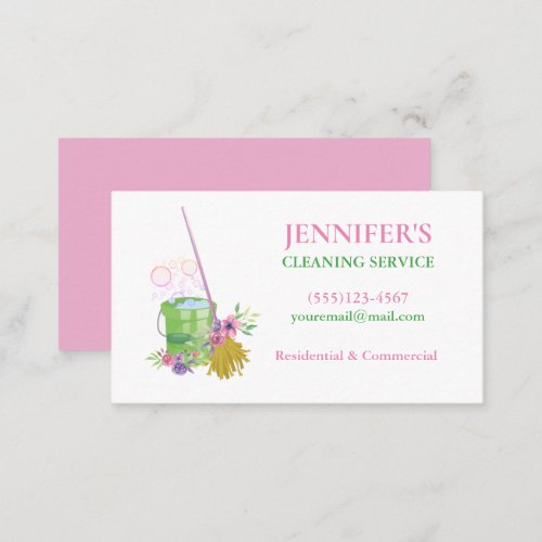 Floral Bucket  Mop House Cleaning Service Business Card