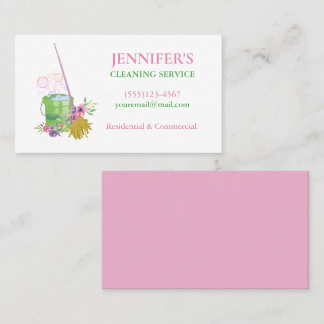 Floral Bucket & Mop House Cleaning Service Business Card Zazzle