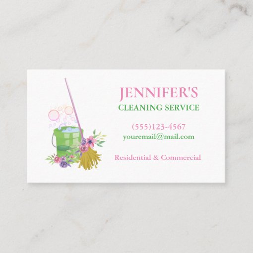 Floral Bucket & Mop House Cleaning Service Business Card | Zazzle