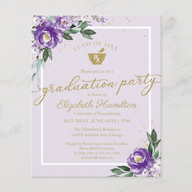 Floral Budget Invitation Pharmacy Grad Party (Front)