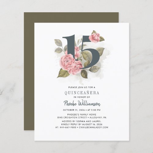 Floral Budget Quinceanera 15th Birthday Invitation