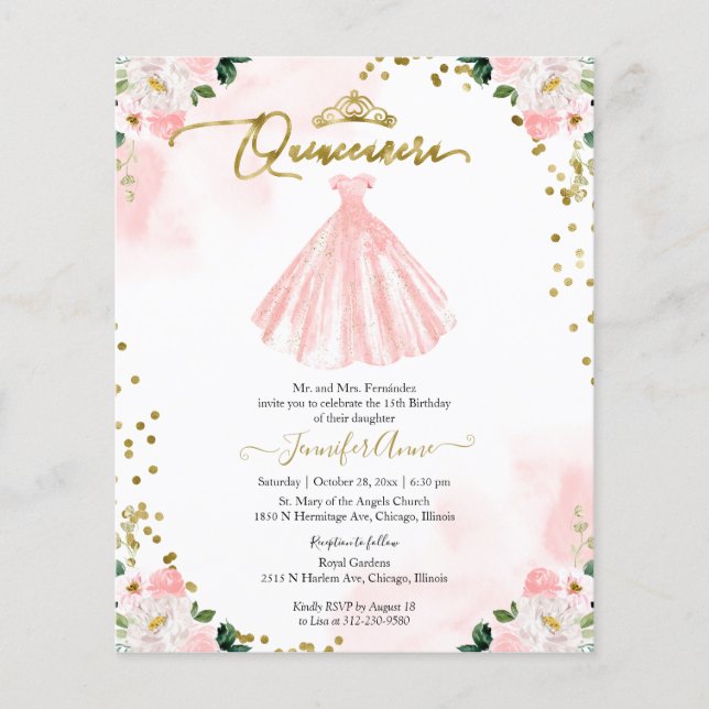 Floral Budget Quinceanera Invitation Bilingual (Front)