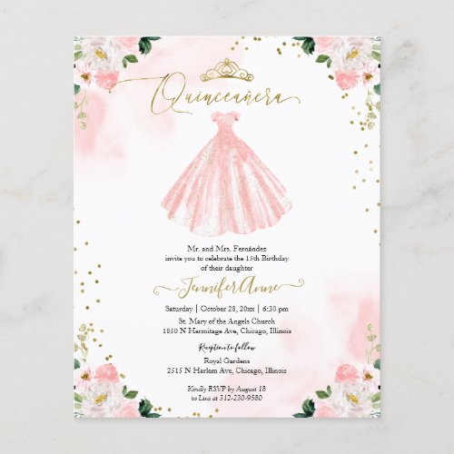 Floral Budget Quinceanera Invitation Bilingual