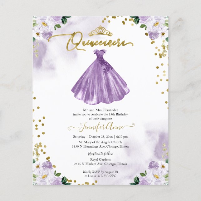 Floral Budget Quinceanera Invitation Bilingual (Front)