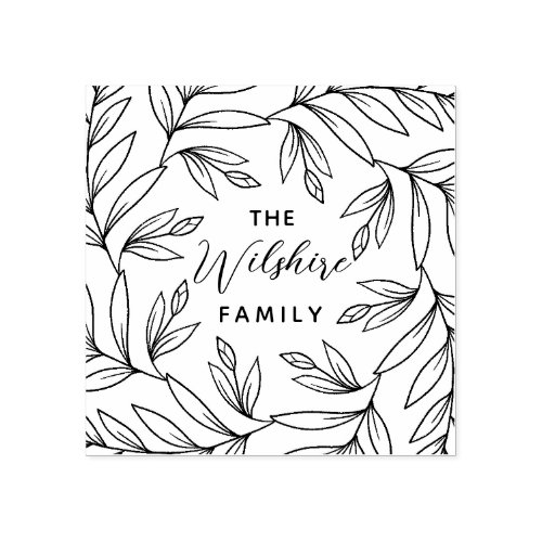 Floral buds leaves hand drawn wreath family name rubber stamp