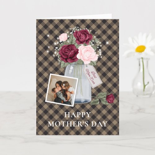 Floral Buffalo Plaid Photo Happy Mothers Day Card
