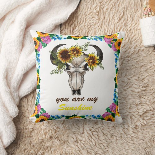 Floral  bull skull sunflower   love saying throw pillow