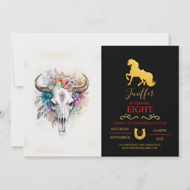 Floral Bull Skull Watercolor Art Invitation (Front)