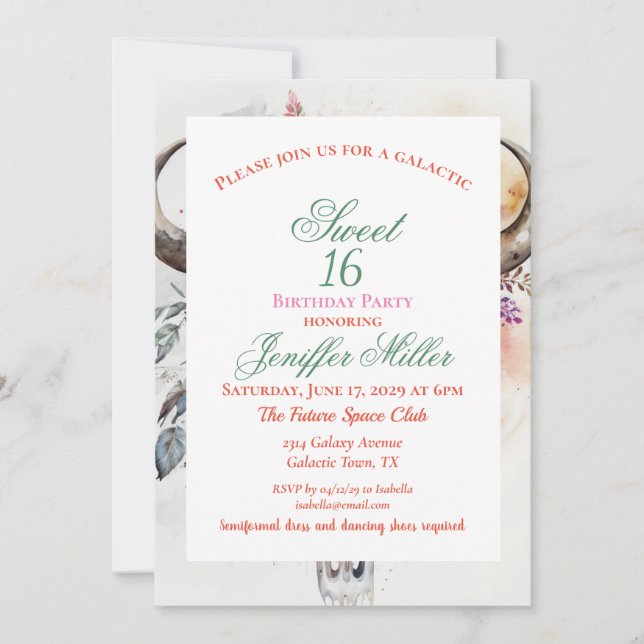 Floral Bull Skull Watercolor Art Invitation (Front)